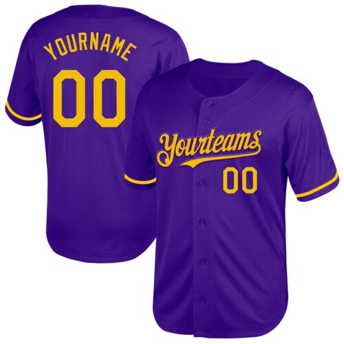 Purple0584 Custom Purple Yellow Mesh Authentic Throwback Baseball Jersey