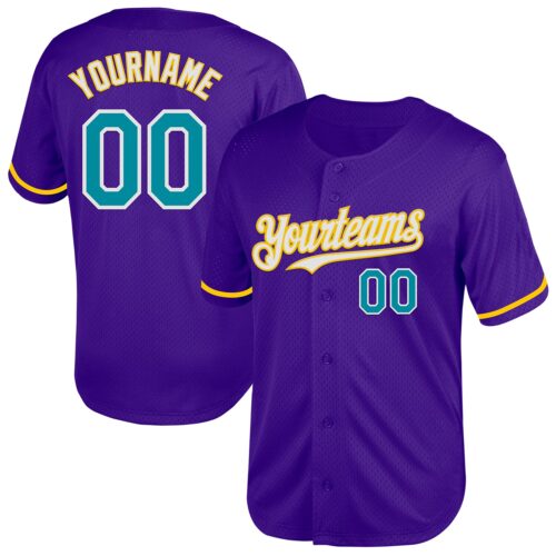 Purple0585 Custom Purple Teal-Yellow Mesh Authentic Throwback Baseball Jersey