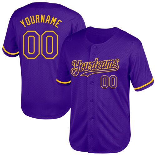 Purple0586 Custom Purple Yellow Mesh Authentic Throwback Baseball Jersey