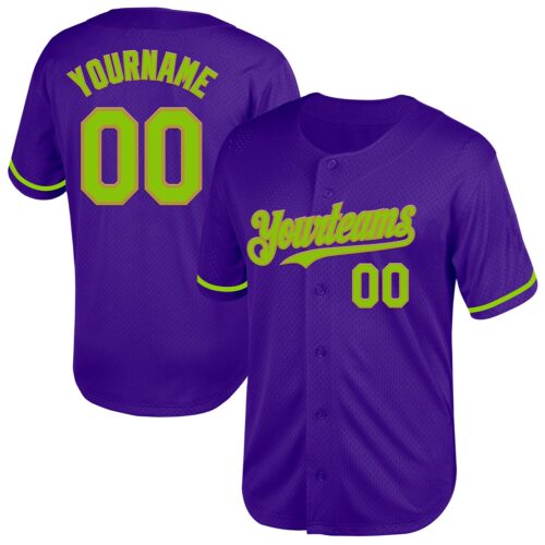 Purple0591 Custom Purple Neon Green-Old Gold Mesh Authentic Throwback Baseball Jersey