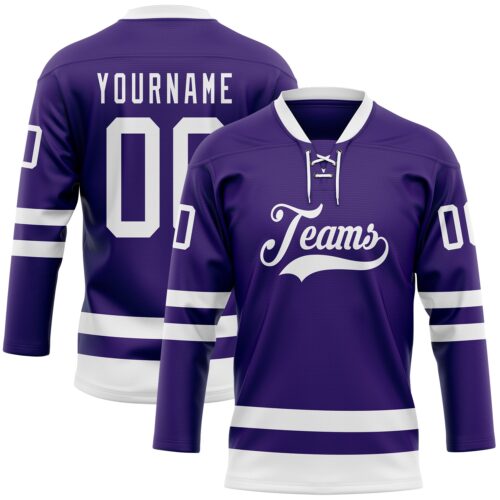 Purple0721 Custom Purple White Hockey Lace Neck Jersey