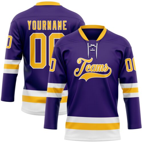 Purple0722 Custom Purple Gold-White Hockey Lace Neck Jersey