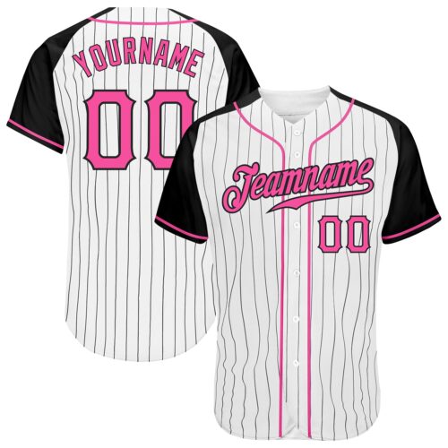 RaglanSleeves0004 Custom White Black Pinstripe Pink-Black Authentic Raglan Sleeves Baseball Jersey