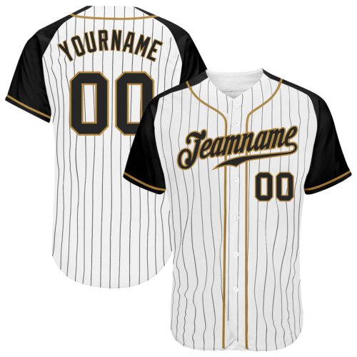 RaglanSleeves0005 Custom White Black Pinstripe Black-Old Gold Authentic Raglan Sleeves Baseball Jersey