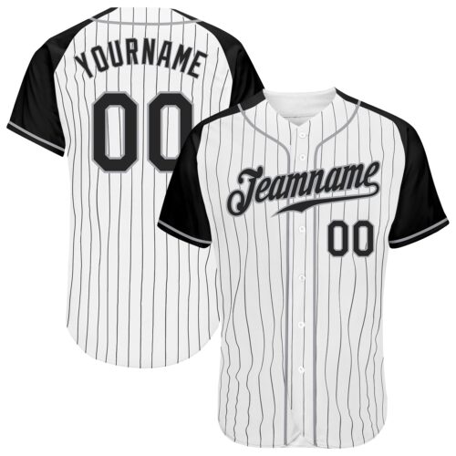 RaglanSleeves0006 Custom White Black Pinstripe Black-Gray Authentic Raglan Sleeves Baseball Jersey
