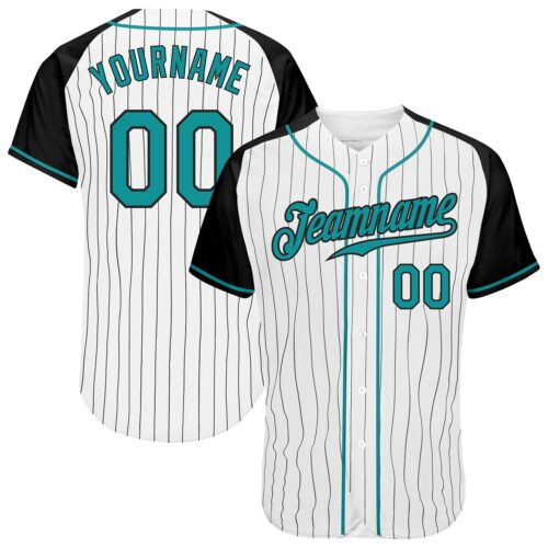 RaglanSleeves0011 Custom White Black Pinstripe Teal-Black Authentic Raglan Sleeves Baseball Jersey