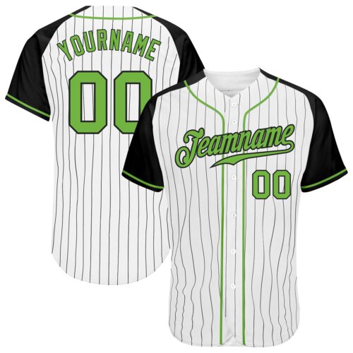 RaglanSleeves0012 Custom White Black Pinstripe Neon Green-Black Authentic Raglan Sleeves Baseball Jersey