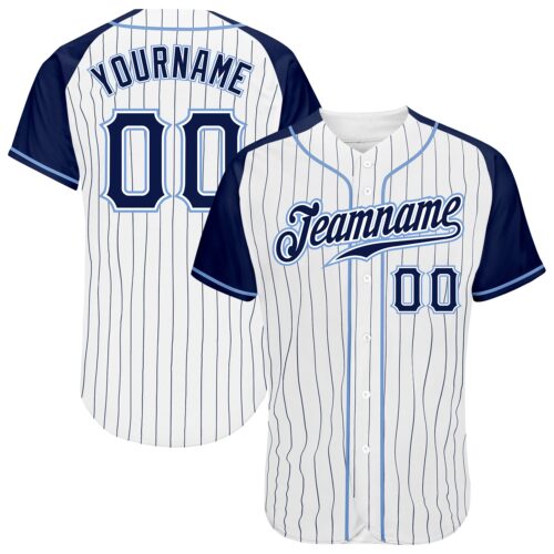 RaglanSleeves0018 Custom White Navy Pinstripe Navy-Light Blue Authentic Raglan Sleeves Baseball Jersey