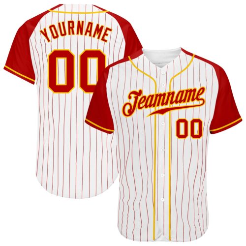 RaglanSleeves0028 Custom White Red Pinstripe Red-Gold Authentic Raglan Sleeves Baseball Jersey