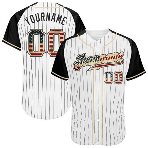 RaglanSleeves0046 Custom White Black Pinstripe Vintage USA Flag-Black Authentic Raglan Sleeves Baseball Jersey