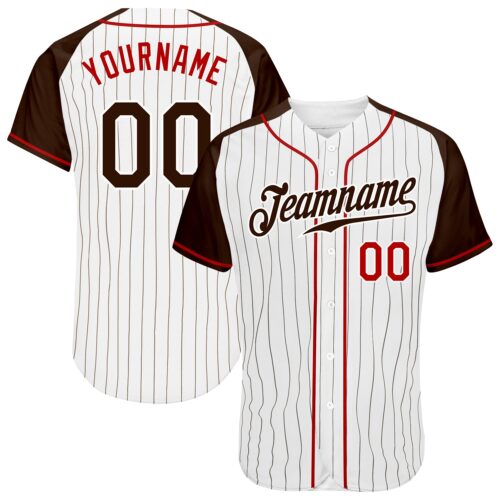 RaglanSleeves0054 Custom White Brown Pinstripe Brown-Red Authentic Raglan Sleeves Baseball Jersey