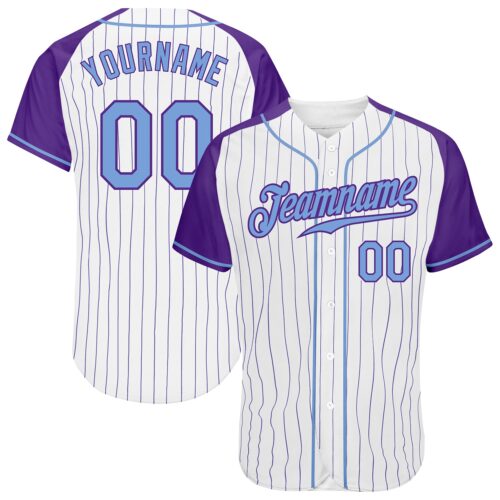 RaglanSleeves0057 Custom White Purple Pinstripe Light Blue-Purple Authentic Raglan Sleeves Baseball Jersey