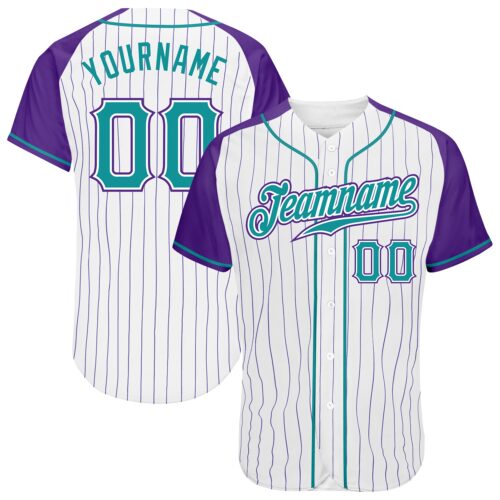 RaglanSleeves0058 Custom White Purple Pinstripe Teal-Purple Authentic Raglan Sleeves Baseball Jersey