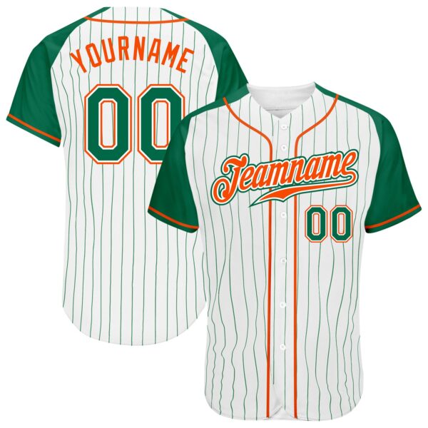 Custom White Kelly Green Pinstripe Kelly Green-Orange Authentic Raglan Sleeves Baseball Jersey