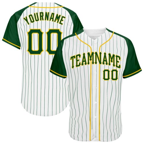 RaglanSleeves0067 Custom White Green Pinstripe Green-Gold Authentic Raglan Sleeves Baseball Jersey