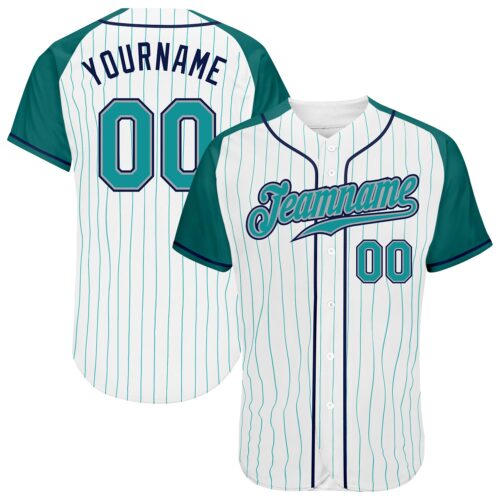 RaglanSleeves0071 Custom White Aqua Pinstripe Aqua-Navy Authentic Raglan Sleeves Baseball Jersey