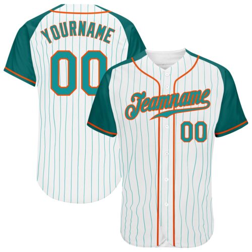 RaglanSleeves0072 Custom White Aqua Pinstripe Aqua-Orange Authentic Raglan Sleeves Baseball Jersey