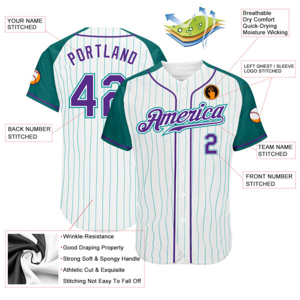Custom White Aqua Pinstripe Purple-Aqua Authentic Raglan Sleeves Baseball Jersey