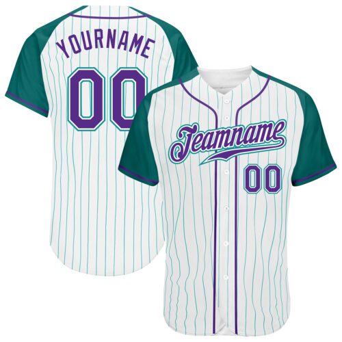 RaglanSleeves0073 Custom White Aqua Pinstripe Purple-Aqua Authentic Raglan Sleeves Baseball Jersey