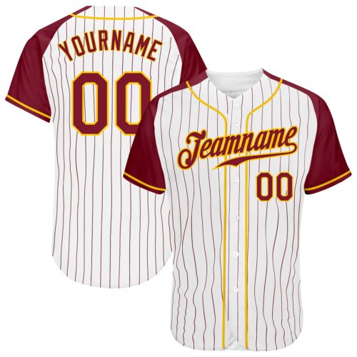 RaglanSleeves0076 Custom White Crimson Pinstripe Crimson-Gold Authentic Raglan Sleeves Baseball Jersey