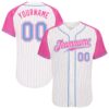 Custom White Pink Pinstripe Light Blue-Pink Authentic Raglan Sleeves Baseball Jersey
