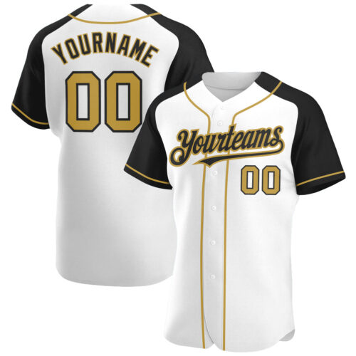 RaglanSleeves0090 Custom White Old Gold-Black Authentic Raglan Sleeves Baseball Jersey