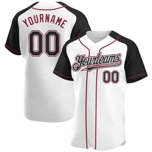 Custom White Black-Crimson Authentic Raglan Sleeves Baseball Jersey