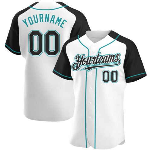 RaglanSleeves0093 Custom White Black-Teal Authentic Raglan Sleeves Baseball Jersey