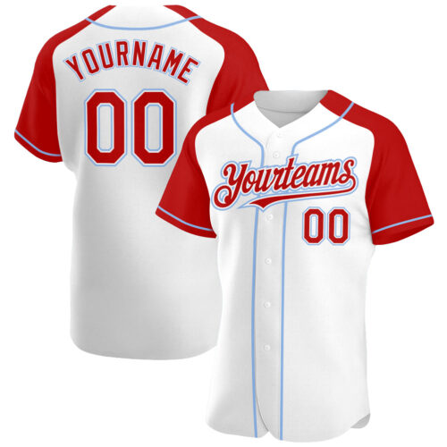 RaglanSleeves0102 Custom White Red-Light Blue Authentic Raglan Sleeves Baseball Jersey