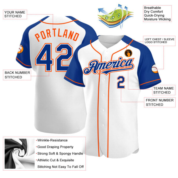 Custom White Royal-Orange Authentic Raglan Sleeves Baseball Jersey