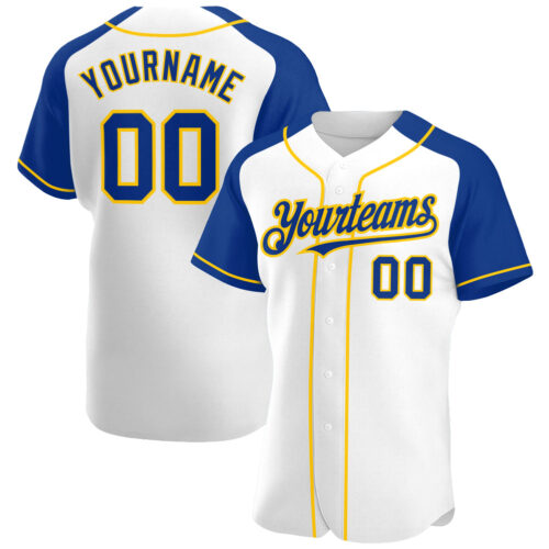 RaglanSleeves0107 Custom White Royal-Yellow Authentic Raglan Sleeves Baseball Jersey
