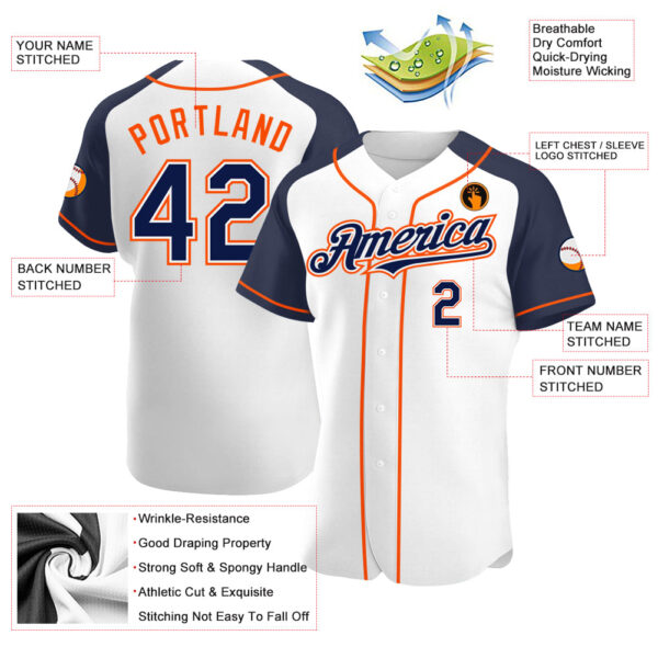 Custom White Navy-Orange Authentic Raglan Sleeves Baseball Jersey