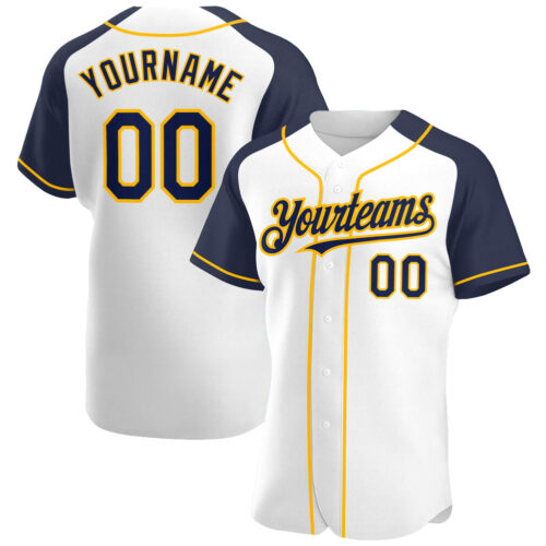RaglanSleeves0123 Custom White Navy-Gold Authentic Raglan Sleeves Baseball Jersey