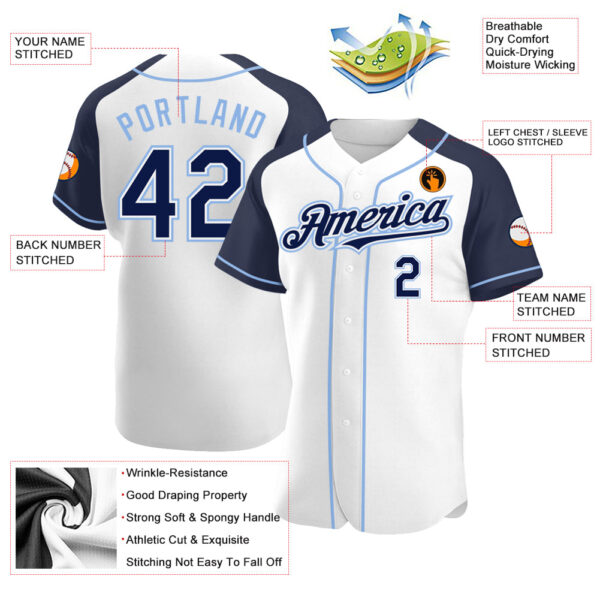 Custom White Navy-Light Blue Authentic Raglan Sleeves Baseball Jersey