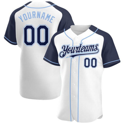 RaglanSleeves0126 Custom White Navy-Light Blue Authentic Raglan Sleeves Baseball Jersey