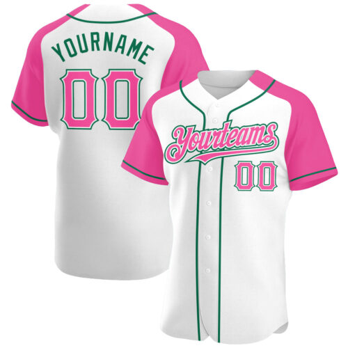 RaglanSleeves0133 Custom White Pink-Kelly Green Authentic Raglan Sleeves Baseball Jersey