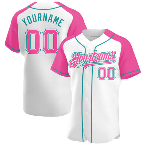 RaglanSleeves0135 Custom White Pink-Teal Authentic Raglan Sleeves Baseball Jersey