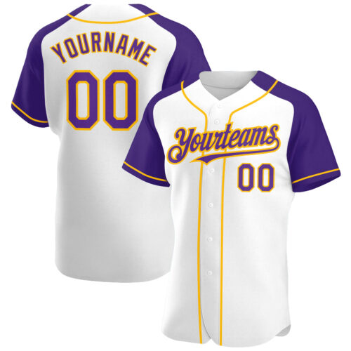 RaglanSleeves0140 Custom White Purple-Gold Authentic Raglan Sleeves Baseball Jersey