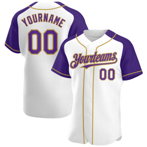 RaglanSleeves0141 Custom White Purple-Old Gold Authentic Raglan Sleeves Baseball Jersey