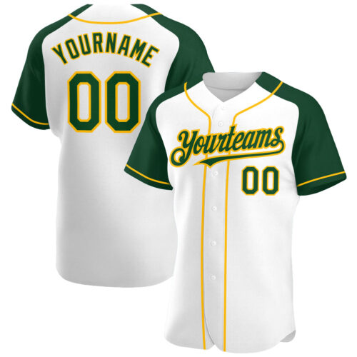 RaglanSleeves0147 Custom White Green-Gold Authentic Raglan Sleeves Baseball Jersey