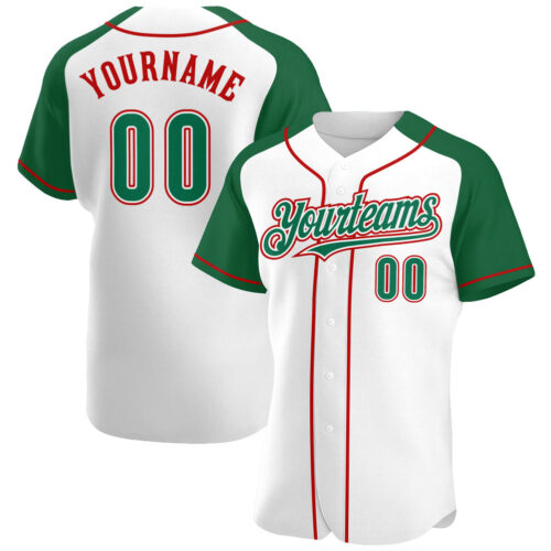 RaglanSleeves0148 Custom White Kelly Green-Red Authentic Raglan Sleeves Baseball Jersey