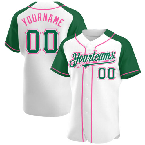 RaglanSleeves0151 Custom White Kelly Green-Pink Authentic Raglan Sleeves Baseball Jersey