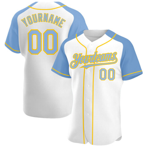 RaglanSleeves0155 Custom White Light Blue-Yellow Authentic Raglan Sleeves Baseball Jersey
