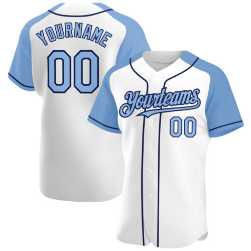 RaglanSleeves0157 Custom White Light Blue-Navy Authentic Raglan Sleeves Baseball Jersey