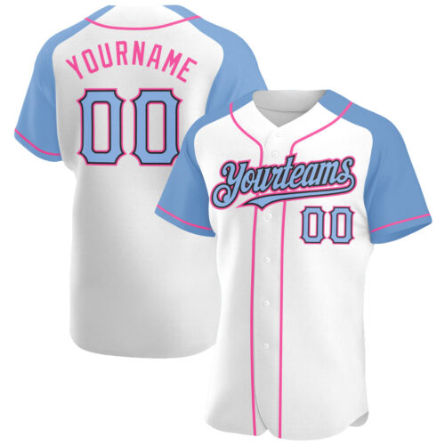 RaglanSleeves0159 Custom White Light Blue Black-Pink Authentic Raglan Sleeves Baseball Jersey
