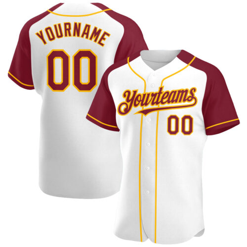 RaglanSleeves0163 Custom White Crimson-Gold Authentic Raglan Sleeves Baseball Jersey