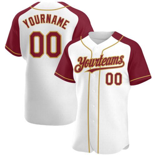RaglanSleeves0164 Custom White Crimson-Old Gold Authentic Raglan Sleeves Baseball Jersey