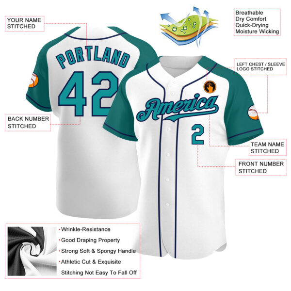 Custom White Teal-Navy Authentic Raglan Sleeves Baseball Jersey