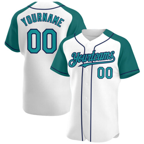 RaglanSleeves0167 Custom White Teal-Navy Authentic Raglan Sleeves Baseball Jersey