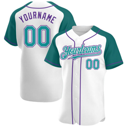 RaglanSleeves0170 Custom White Teal-Purple Authentic Raglan Sleeves Baseball Jersey
